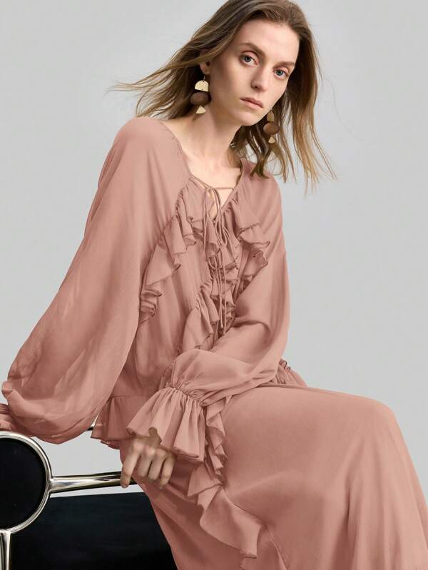 Ontre Stockholm Style, Teacher Outfits For Women,Fall Women Clothes,Flowing Boho Style Maxi Dress, Chiffon Material With Ruffled Hem Decor, Plus Size, Elegant Vacation Style Long Dress For Women