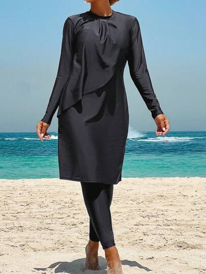 Swim Mulvari 2pcs/Set Women's Modest Black Long Sleeve Pleated Neckline Knit Swimsuit For Summer Beach Vacation