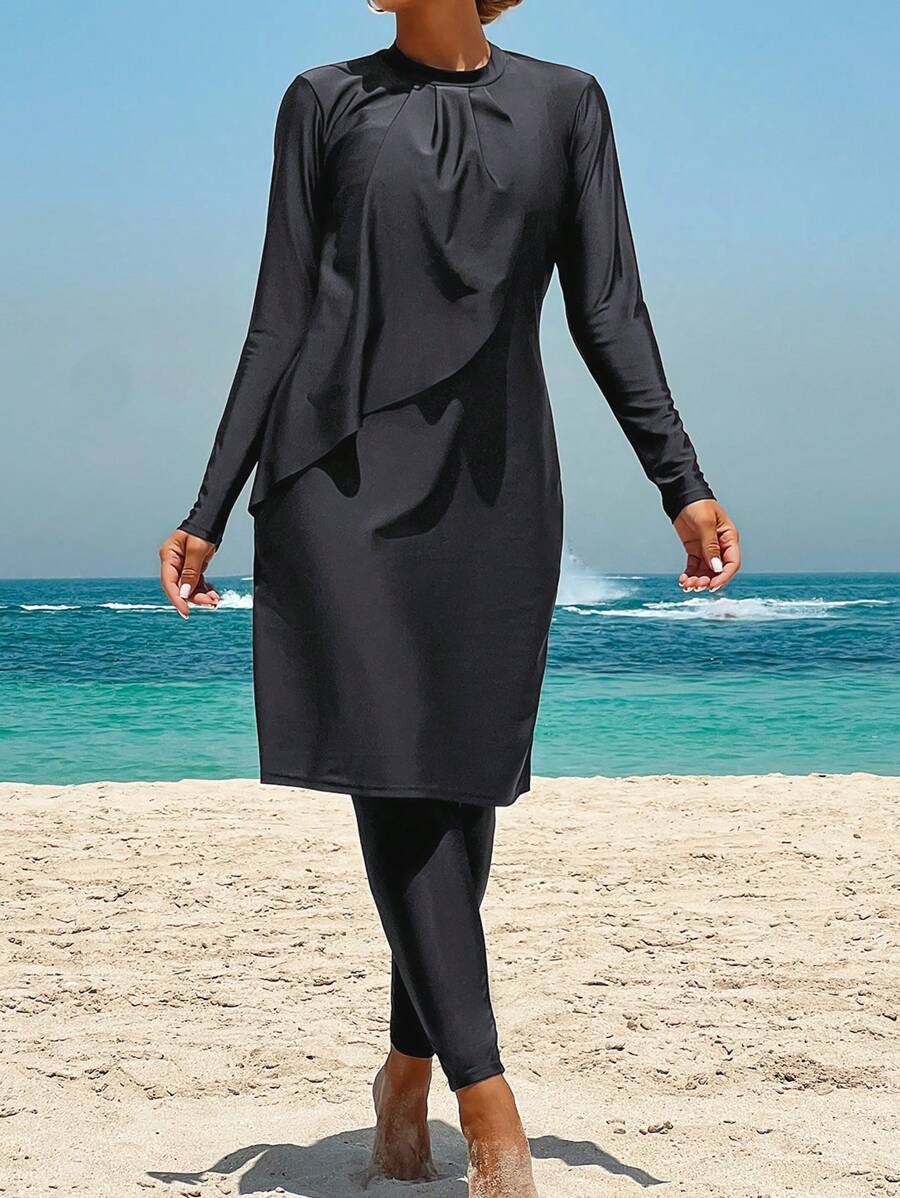 Swim Mulvari 2pcs/Set Women's Modest Black Long Sleeve Pleated Neckline Knit Swimsuit For Summer Beach Vacation