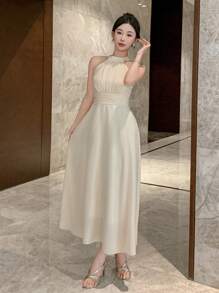 DAZY Solid Color Halter Tie Neck Midi Dress For Women Wedding Women Dresses Prom Dress