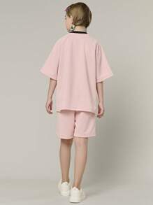 SHEIN Tween Girl 2pcs/Set Contrast Color Letter & Bow Print Short Sleeve T-Shirt And Shorts - Pink - View 3