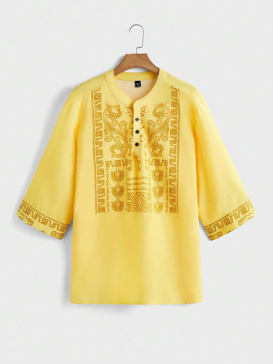 Manfinity Homme 大码男士夏季休闲节日图案印花纽扣衬衫，适合秋季 - 黃色 - 查看 1