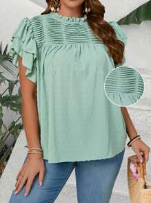 EMERY ROSE Plus Size Women's Summer Elegant Swiss Dot Ruffled Sleeve Blouse,Country Casual Vacation Woman,Simple And Fashionable For Everyday Wear,Summer Tops Women,Summer For Women,Vacation Woman Summer For Women Office Wear, Vacation Woman, Summer For Women Festival Boho,Holiday,Summer Outing,Simple & Fashionable Plus Size Women Top - Green - View 6