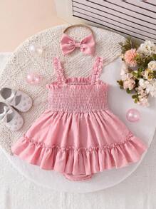 Baby Girl Floral Bodysuit Dress, Suitable For Outings, Vacations, Travel And Daily Wear, Summer - Dusty Pink - View 3
