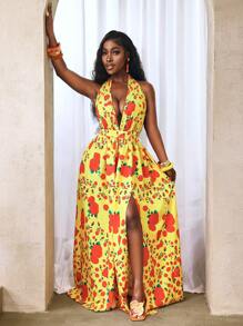 BamGleam Robe longue de soleil sexy avec encolure en V profonde, imprimé floral et fente sur le côté pour femmes - Multicolore - Voir 7