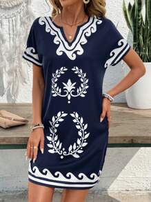 EMERY ROSE Women's Notched-Neck Allover Print Casual Short Sleeve Mini Dress, Summer Summer Dresses For Women,Shirt Dresses For Women