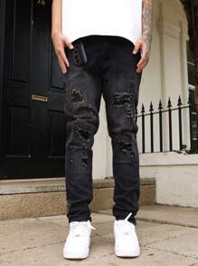 Manfinity LEGND Men's Casual Washed Distressed Denim Jeans For Summer - Black - View 3