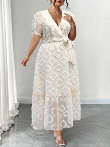 Elenzga Dam V-ringad Jacquard Puffärm Elegant klänning med knyt midja, vår/sommar - Aprikos - Visa 4