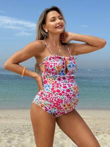 SHEIN Pregnant Women Floral Print Spaghetti Strap One-Piece Swimsuit, Summer Vacation Beach