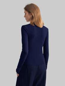 Ontre Stockholm Style, Women's Teacher Outfit, Autumn Fashion, 2025 Women's Autumn Basic High Collar Long Sleeve T-Shirt, Asymmetric Hem Ruched Top, Navy Solid Color Round Neck Long Sleeve Women's Blouse Basic Top, Women's Office Wear