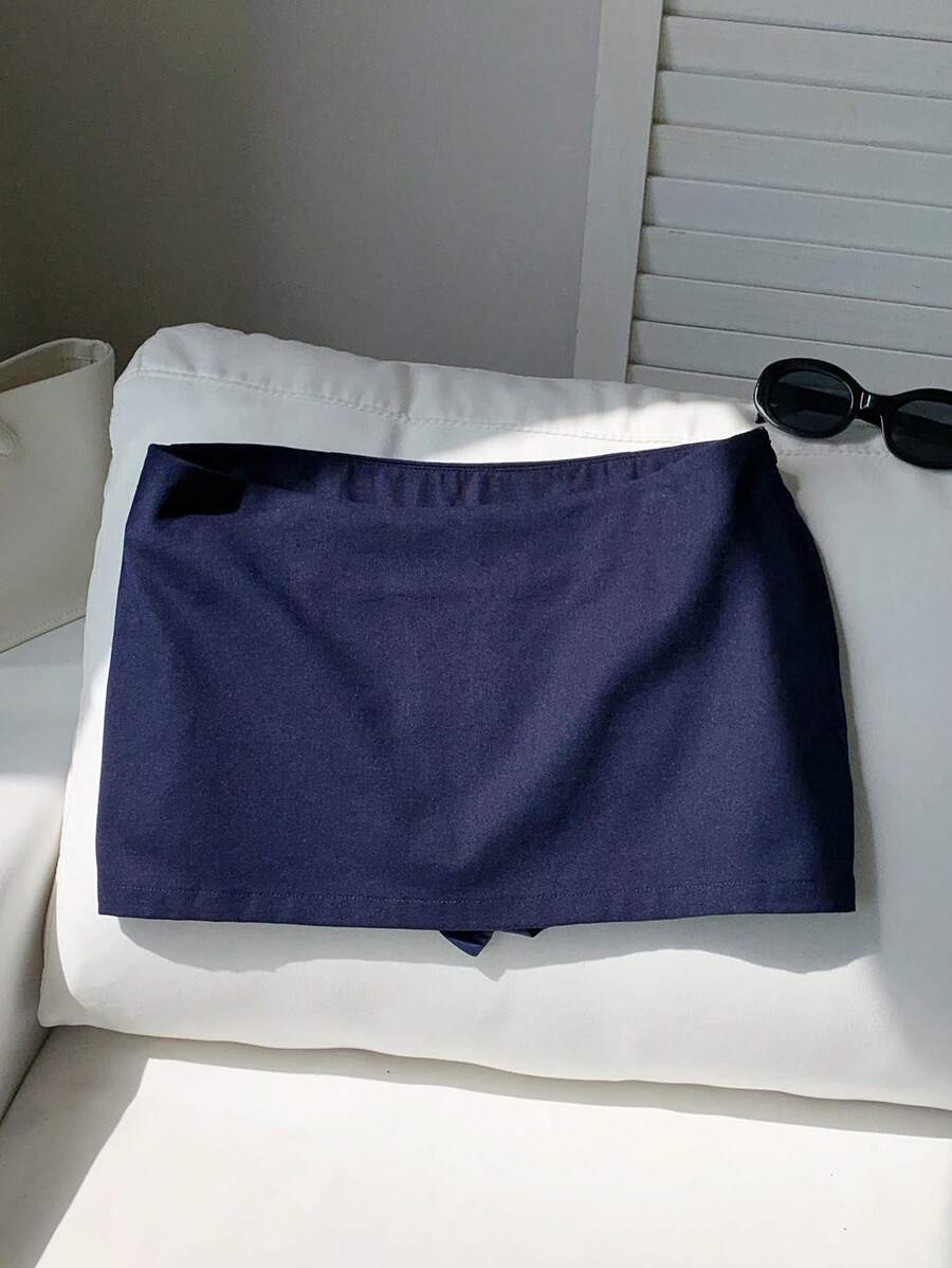 Comfortcana Women's Navy Blue Mini Skirt: Woven Fabric Design With Zipper Detail - Navy Blue - View 1