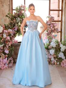 Glamrae 优雅华丽的浅蓝色亮片刺绣仿珍珠链异形露肩领腰部缎纹缝合超大女士正式晚礼服、派对礼服、礼服，适合晚会、婚礼宾客 - 淺藍色 - 查看 2