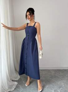 Elenzga Elegant Women's Casual Button Decor A-Line Long Dress, Suitable For Commuting - Blue - View 3