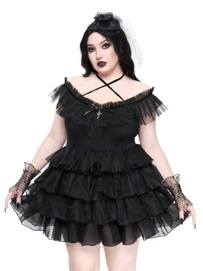 Goth Plus Size Women Summer Outfits, Elegant Halloween Gothic Dream Layered Mesh And Ruffle Trim V-Neck Tied Waist Dress