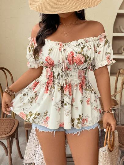 Weeklong Blusa elegante con estampado floral, hombros descubiertos y cintura ceñida, para tallas grandes, adecuada para citas, viajes y talla grande, primavera/verano