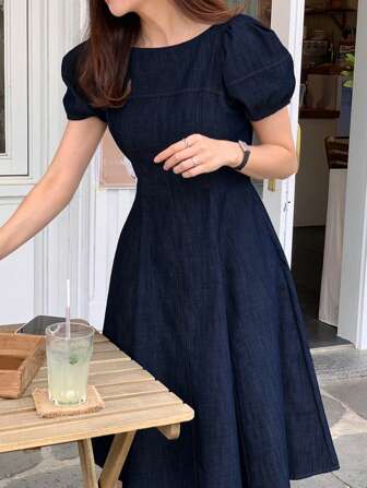 DAZY Women's Solid Color Round Neck Waist Gathering Puff Sleeve A-Line Short Denim Dress