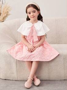 SHEIN Young Girl Color-Block Large Lapels Patchwork Floral Jacquard Bowknot Decor Midi Dress, Shawl Neck, Ruffle Cake Dress, Flower Girl, Cute & Elegant & Sweet & Vintage & Fashionable. Mom And Daughter & Sisters Matching, Family Vacation, Daily Wear, Home Family Gatherings And Special Occasions, Sibling Outfits, Gorgeous Princess, Party Wear, For Birthdays, Spring/Summer. - Pink - View 5