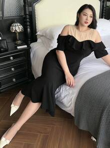 Dazy Plus Elegantes langes Meerjungfrauenkleid mit Volants-Kragen für Partys, Hochzeiten und Abschlussbälle in Große Größen - Schwarz - Übersicht 8