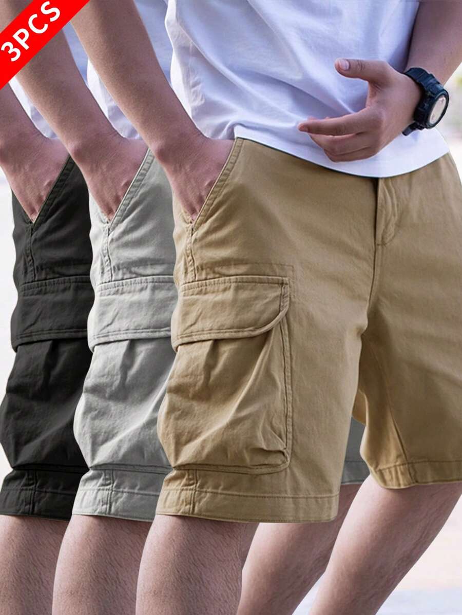 Manfinity Homme 3 Pcs Men's Casual Woven Fabric Cargo Shorts: Multicolor Zipper Detailing Short Length For Everyday Comfort And Style - Multicolor - View 1