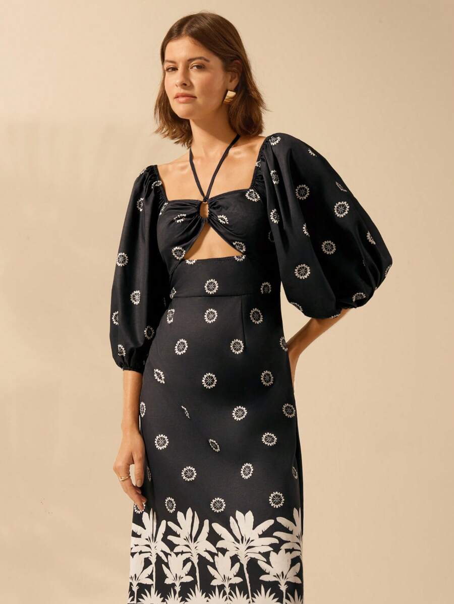 CAJUNI Vestido de vacaciones casual de mujer con estampado de árbol de plátano tropical en negro y beige, con abertura, cuello halter, mangas farol atadas y abertura lateral - Blanco y Negro - Ver 1