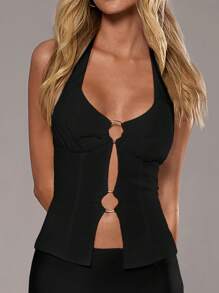 Aloruh Top de tirantes de verano para mujer, de unicolor, con diseño hueco y correa de conexión en el cuello