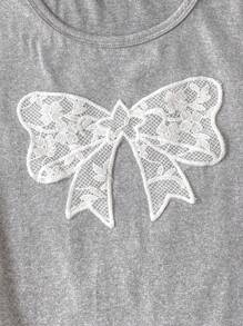 2 bucăți/Set pentru fete, pantaloni lungi decorati cu fundă din dantelă, casual, gri și alb, îmbrăcăminte moale și elegantă - Gri - Vizualizare 4