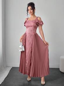 Modelyn Squareneck Sleeve Pleated Floral Print Patchwork Dress With 3D Effect - Pink - View 3