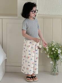 DAZY Young Girls Round Neck Knit Short Sleeve T-Shirt + All-Over Print Long Pants Home Set, Spring/Summer - Light Grey - View 4