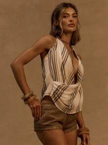 MUSERA Printed Zigzag Chiffon Cowl Halter Neck Drape Longline Top Ibiza Holiday Vacation Beach White Isle Western Festival Going Out Top Fall Spring Summer - Multicolor - View 3