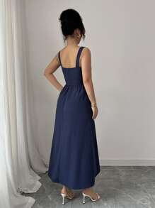 Elenzga Elegant Women's Casual Button Decor A-Line Long Dress, Suitable For Commuting - Blue - View 2