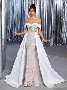 Glamrae Elegante y lujoso vestido de satén con escote hombros descubiertos, con encaje y bordado de lentejuelas, con dobladillo generoso, adecuado para bodas, fiestas, luna de miel, novia - Beis - Ver 7