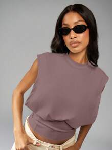 MISSGUIDED Sleeveless Crew Neck Crop Top Athletic Performance Basic Workout Yoga Running Athletic Cinched Waist Training Tank Top Sporty Summer Basic Athleisure - Mocha Brown - View 5