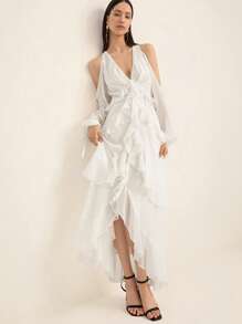 Aveloria Italian Romantic Ruffle Deep V-Neck Valance Chiffon Maxi Long Sleeve Dress For Women, Valentine's Day Elegant FashionableOld Money Style  For Summer - White - View 4