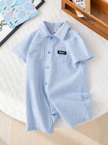 SHEIN 男童/女童休闲运动韩版polo领条纹大口袋短袖连体衣，适合春夏季室内外穿着 - 藍色 - 查看 5