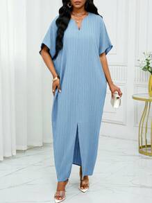 SHEIN Lady Đầm midi rộng rãi màu trơn cổ chữ V tay cánh dơi xẻ gấu cho nữ - Màu xanh nhạt - Xem 3