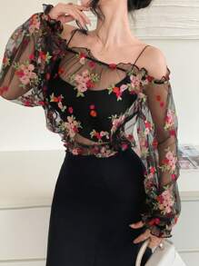 DAZY Floral Print Off Shoulder Lantern Sleeve Women Blouse - Black - View 7