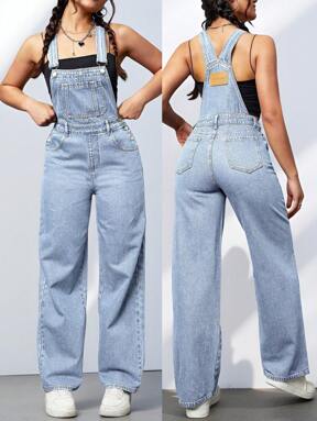 SHEIN EZwear Patched Pocket Denim Overalls Without Cami Top