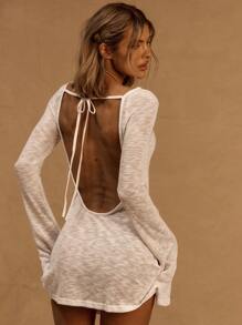 MUSERA Abito mini a vita bassa con scollo a V, maniche a sbuffo, in maglia a-line, adatto per vacanze, primavera, estate, spiaggia, stile Ibiza, western country, rave, colore bianco