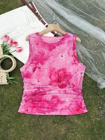 SHEIN Privé Plus Size Dam Elegant Casual Netgarn Rufsigt elastiskt ärmlöst linne, lämplig för strand/gata/resor, vår/sommar