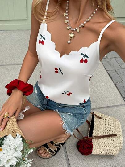 【S】Heripto Cherry Pattern Strap Top Shipping in mid-August]Cherry Pattern Strap Top