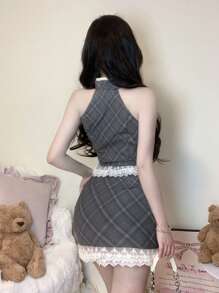 DAZY 2 件套蝴蝶结吊带短款上衣和蕾丝拼布紧身迷你裙套装，夏季 - 灰色 - 查看 2