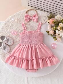 Baby Girl Floral Bodysuit Dress, Suitable For Outings, Vacations, Travel And Daily Wear, Summer - Dusty Pink - View 2