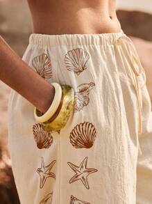 Poéselle Women's Shell Print Loose Pants For Vacation - Beige - View 7