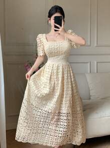 DAZY Vestido elegante de manga corta de longitud media con cuello cuadrado y encaje para damas - Beis - Ver 9