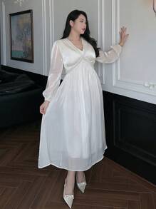 Dazy Plus 加大码 V 领撞色蕾丝收腰灯笼袖长款白色连衣裙，正式女士连衣裙，秋季连衣裙长袖连衣裙 - 白色 - 查看 8