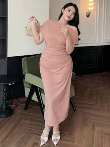 Dazy Plus Plus Size Solid Color Asymmetric Neck Midi Dress, Elegant Midi Length Dress In Pink,Formal Women Dresses