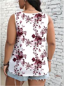 EMERY ROSE Plus Size Floral Print Casual Crew Neck Camisole And Tank Top For Summer Suitable For Going Out - Multicolor - View 2