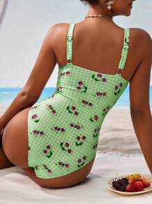SHEIN Traje de baño de una pieza con estampado de cuadros y cerezas, adecuado para la playa y las vacaciones para mujeres
