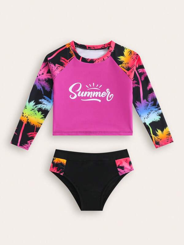 SHEIN New Style Fashion Girls Young Girl Coconut Tree Printed Swimwear Set