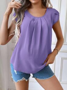 SHEIN Maternity Solid Color Ruched Round Neck Elegant Short Sleeve Blouse, Suitable For Summer - Purple - View 1